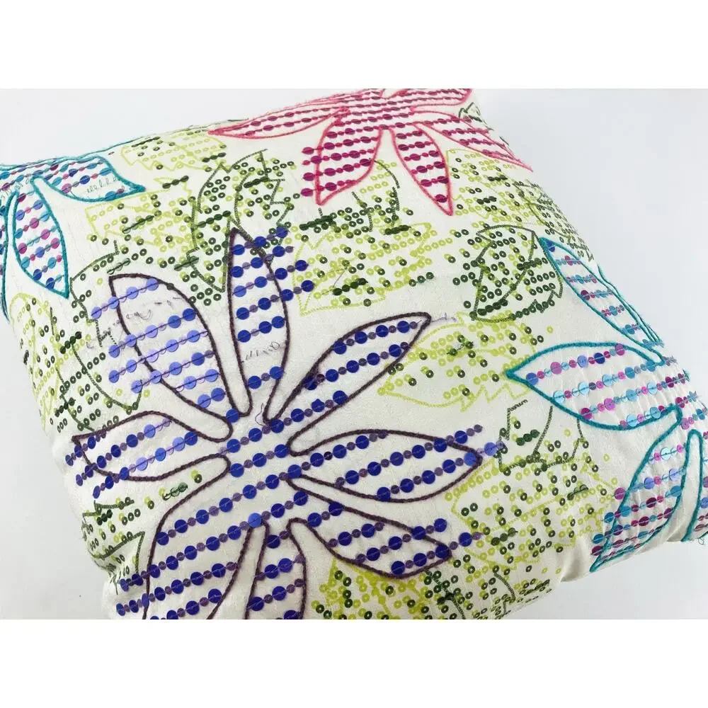 Pier 1 One Floral Leaf Pillow Sequined Square Purple Pink Green Zip Beach Seawee